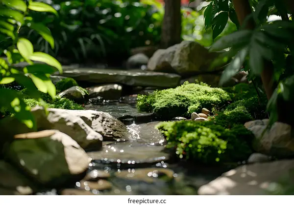 Green Moss Covered Rocks and Stream