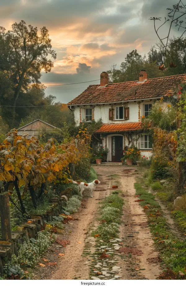 countryside house in autumn with trees and flowers
