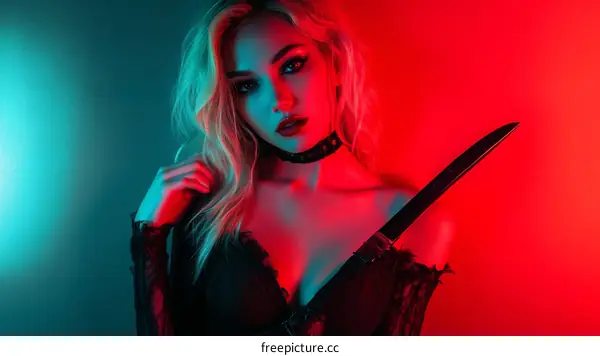 Stylish Caucasian Woman Holding a Knife in Neon Lighting