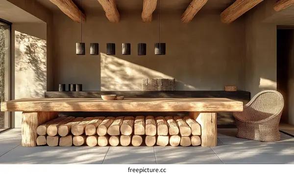 Rustic Outdoor Dining Area with Wooden Table and Wicker Chair