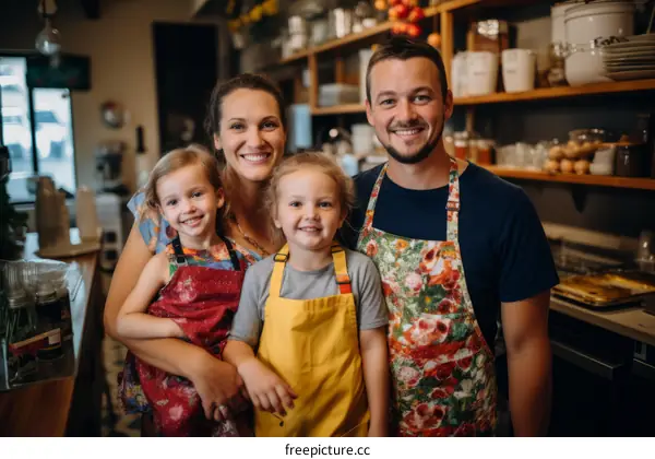 Happy family of four in a restaurant