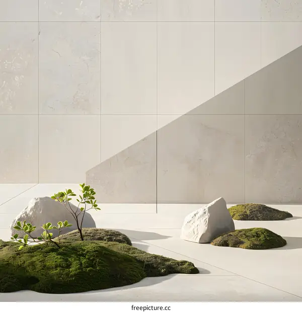 Minimalist Zen Garden with White Walls and Stone