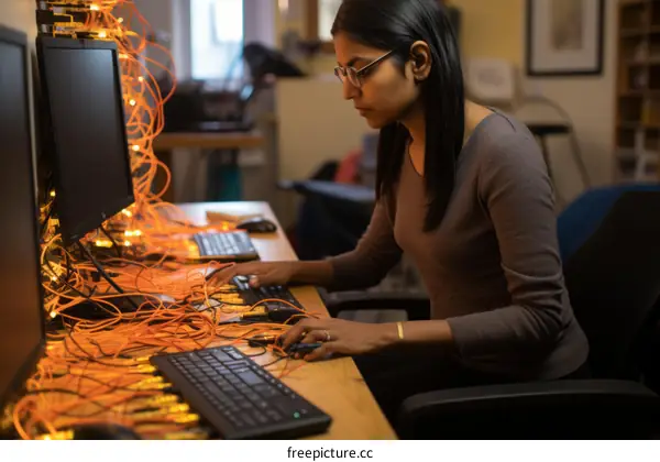 A woman works on a computer surrounded by a lot of cables