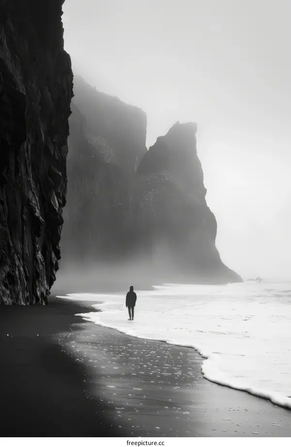 Black and white photo of a person walking on a beach with large rock formations in the background