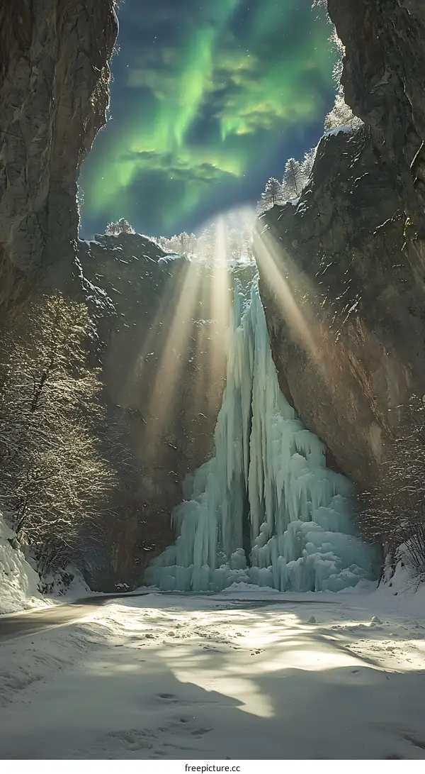 Frozen Waterfall Under the Northern Lights