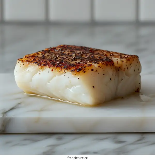 A piece of cod fish on a marble slab