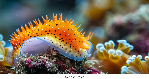 Colorful Nudibranch Crawls on Vibrant Coral Reef