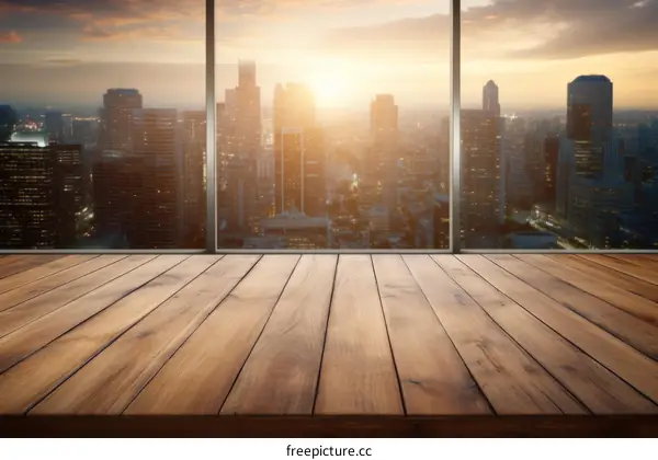 Empty wooden table with blurred cityscape and sunset in the background