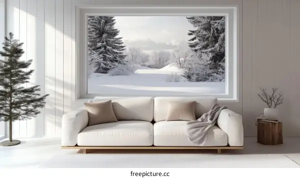 Winter Scene Through a Large Window in a Modern Cozy Home