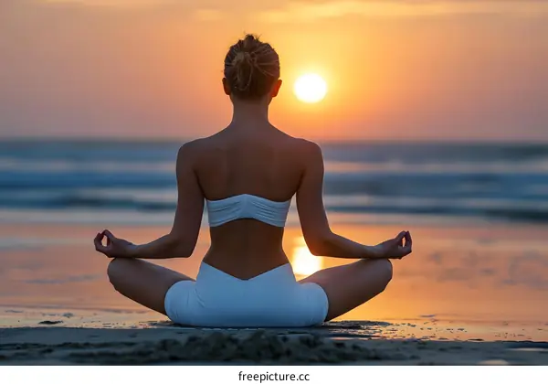 Woman in White Clothing Practicing Yoga at Sunset on Beach