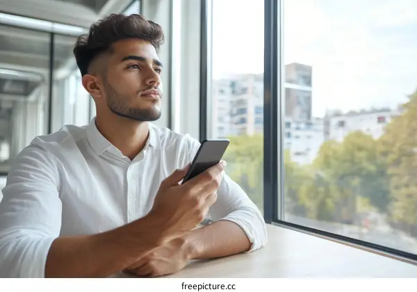 Thoughtful Businessman Using Smartphone by Window