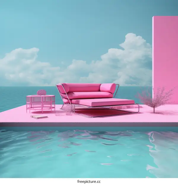 pink surreal seascape with floating furniture