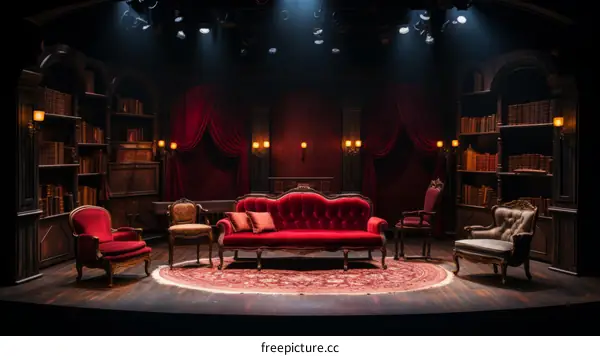 ornate living room with red velvet furniture