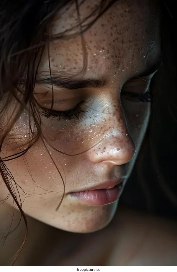 portrait of a young woman with freckles on her face
