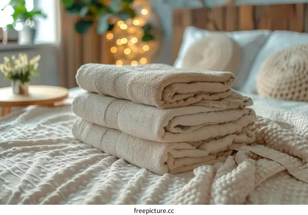 Three beige towels folded and stacked on an unmade bed with a white and tan comforter.