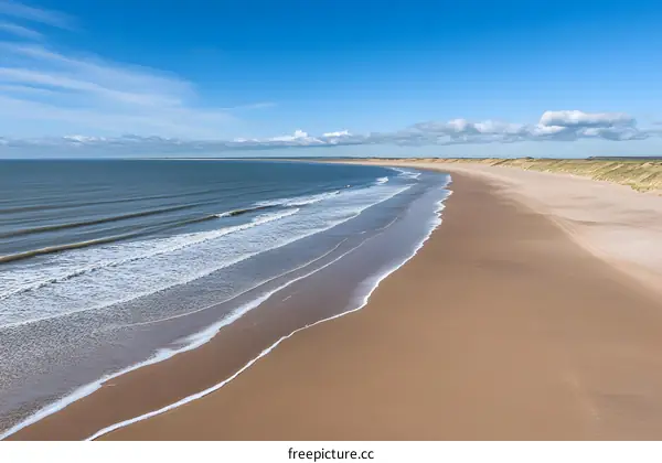 Aerial View of Sandy Beach and Ocean Waves