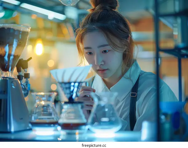 Focused Asian Female Barista Making Coffee