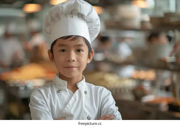 portrait of a young asian boy in a chef's uniform
