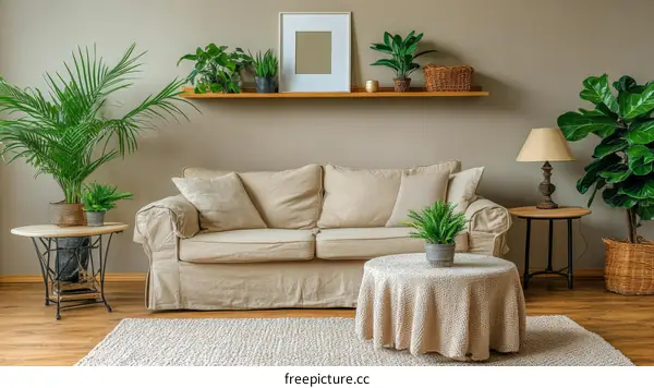 Cozy Living Room with Plants and Neutral Colors