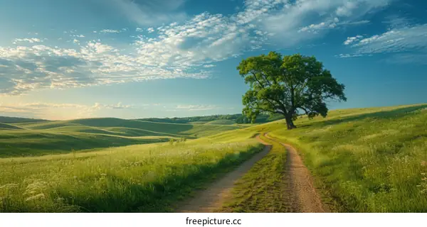 Dirt Road through Lush Green Grassy Hill