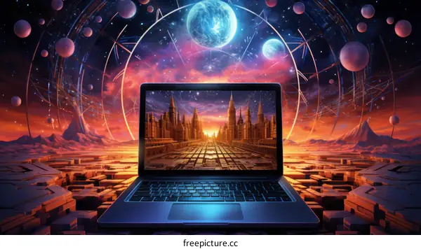 Laptop in a surreal landscape with a glowing blue planet in the sky