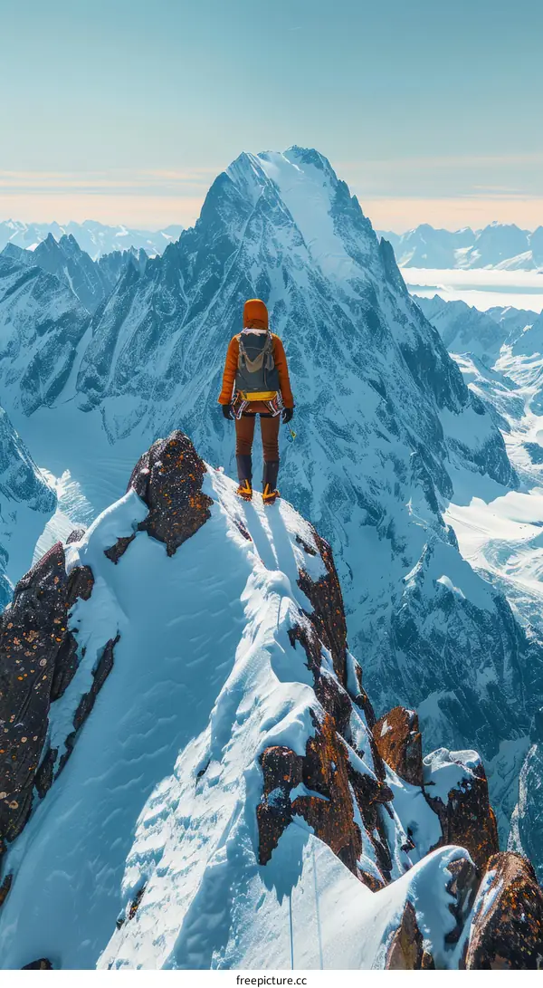 A lone climber reaches the summit of a snow-capped mountain and looks out at the stunning view