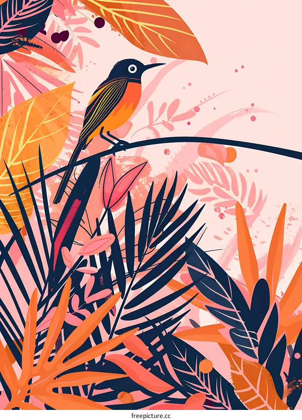 Tropical Bird with Colorful Leaves