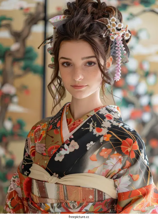 Portrait of a young woman in a kimono