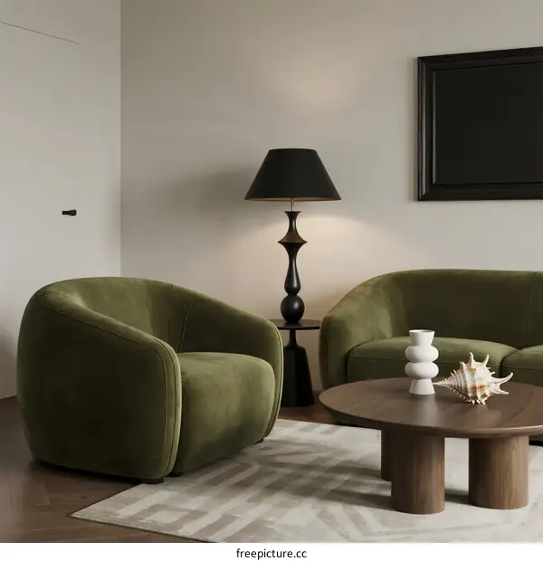 A modern living room with green velvet sofas and a wooden coffee table