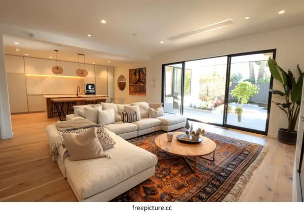 Interior design of living room with large window and wooden beam ceiling