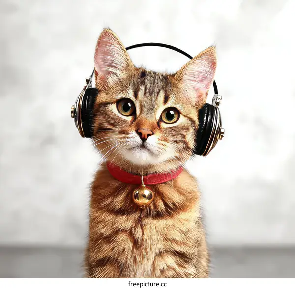 Cute Cat Wearing Headphones and Collar