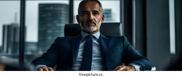 Confident Businessman Sitting in Office Chair in Front of Window