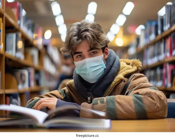 A student wearing a mask is studying in the library