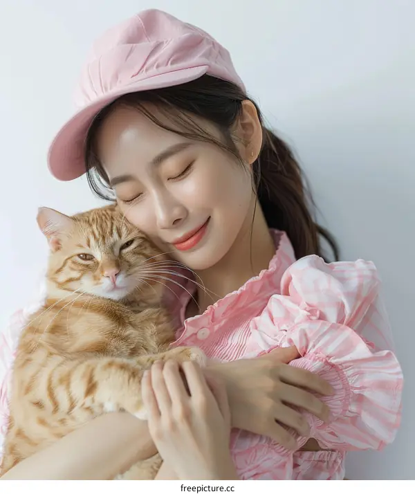 A ginger cat and a woman in a pink cap