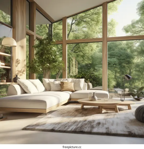 The minimalist living room is full of sunlight and greenery