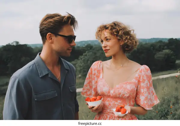 Couple Enjoying Fresh Strawberries Outdoors