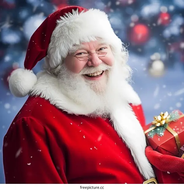 An illustration of a jolly Santa Claus holding a gift