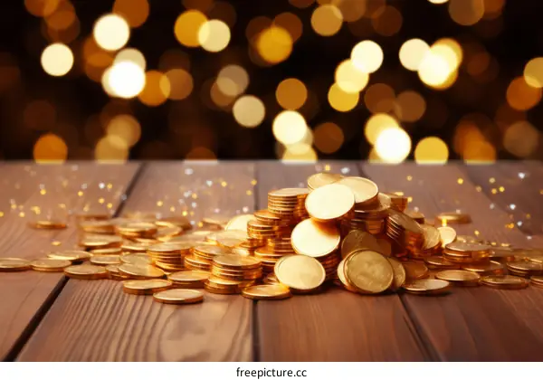 Pile of gold coins on wooden table with blurred lights in the background