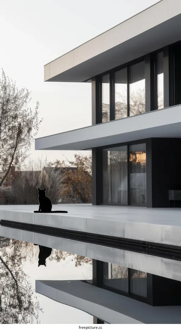 Black cat on the terrace of a modern house with pool