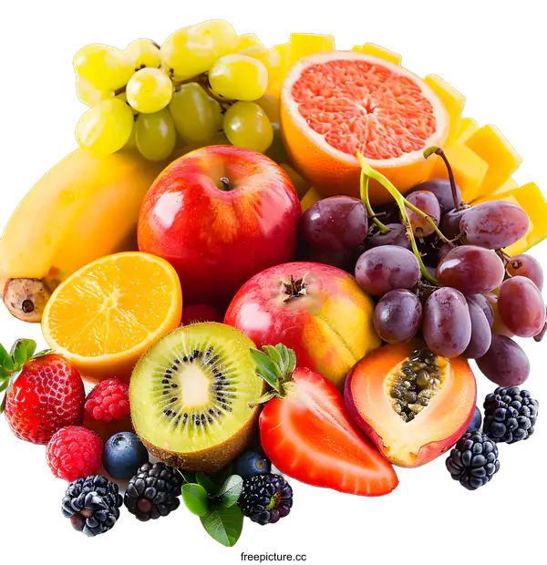 [Transparent Background PNG]Fresh Fruit Arrangement with Green Grapes, Red Apple, Orange, Kiwi and Strawberries