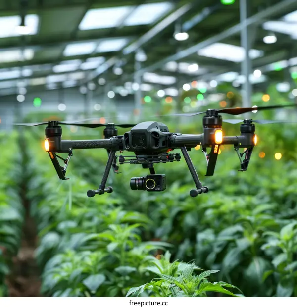 Drone spraying pesticide in greenhouse for agricultural growth