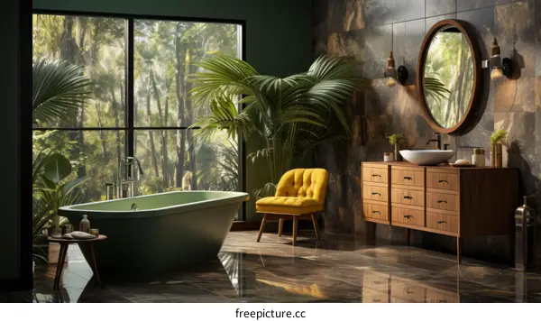 Bathroom With Green Bathtub and Plants