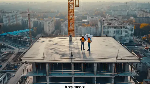 Two construction workers in hardhats looking at blueprints on a rooftop