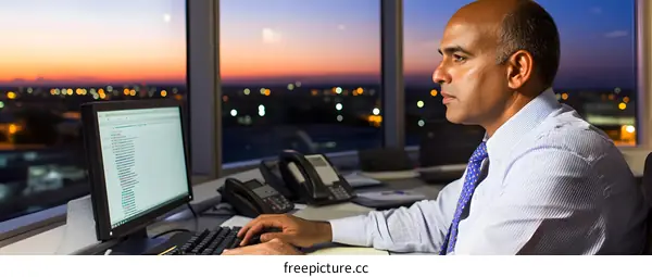 Businessman Working Late at Night in Office with Cityscape View