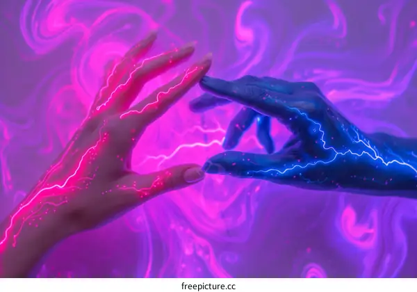 Surreal glowing hands reaching out to each other