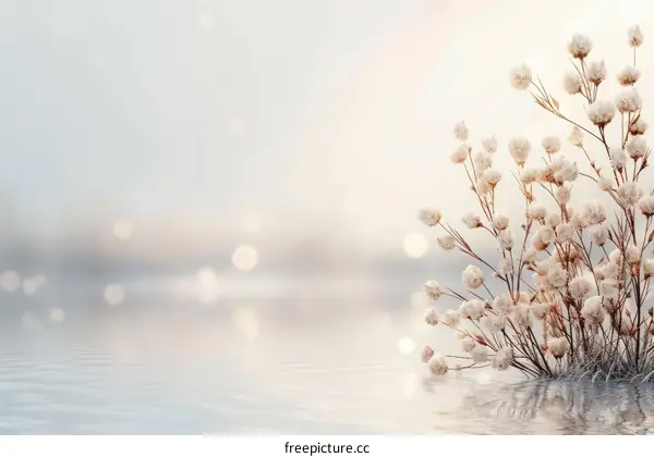 Close-up of white fluffy flowers growing in shallow water with blurred background