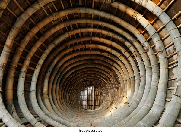 Cylindrical bamboo tunnel with a small door at the end