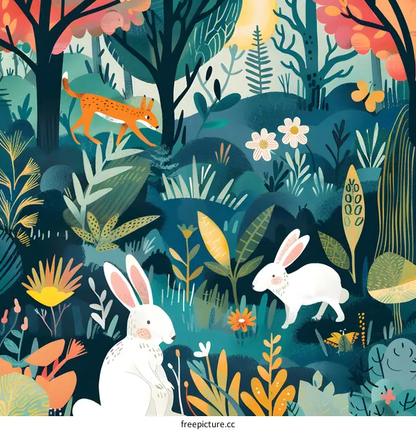 Forest Illustration With Rabbit And Fox