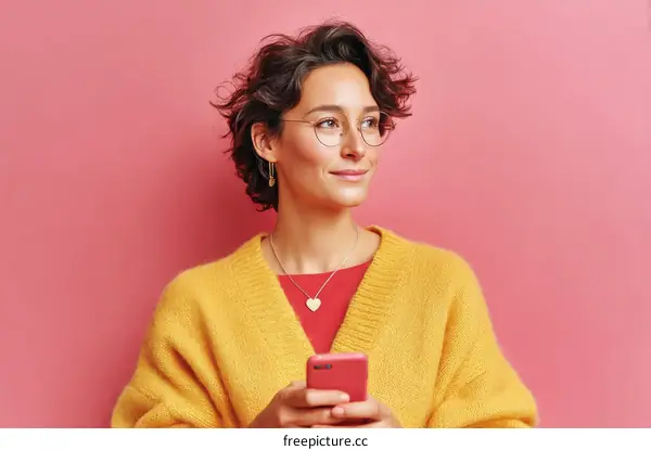 Woman Holding Phone Against Pink Background