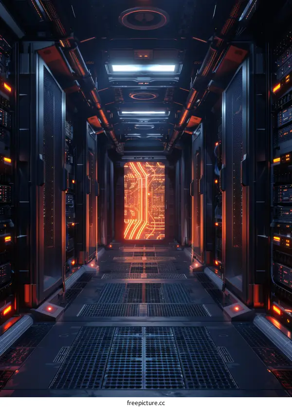 Futuristic Server Room Corridor With Neon Lights
